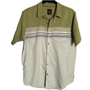 PrAna Camino Camp Shirt Mens Size XL Green Striped Cotton Casual Button Down EUC